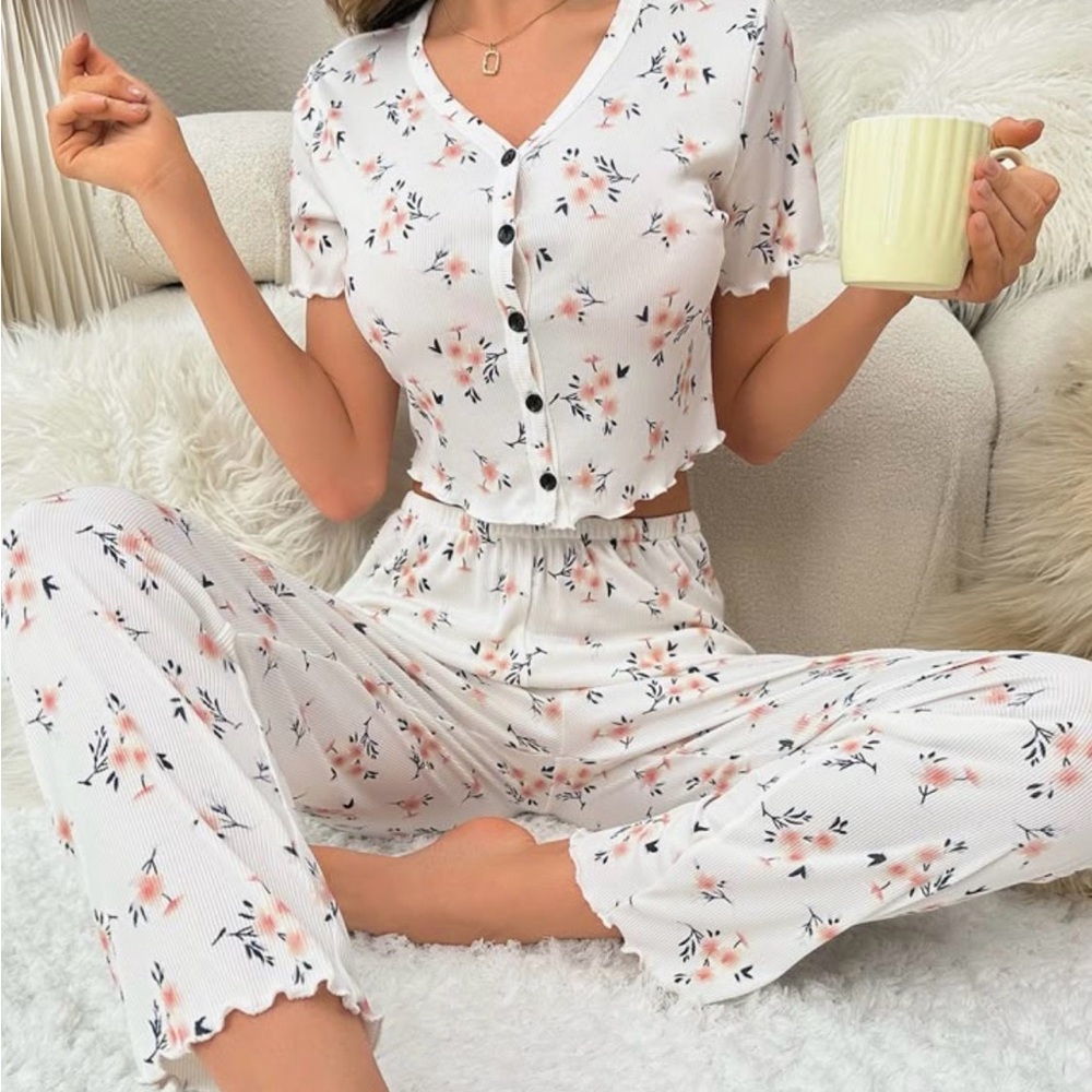 Amazon White Floral Ribbed Pajama Set Cropped Top Cozy Silky Feel with Ruffles